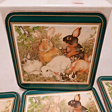 6 VINTAGE PIMPERNEL RABBIT COASTERS with CORK BACK ~ WITH BOX picture