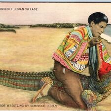 c1940s Miami Musa Isle Seminole Indian Village Alligator Wrestling Postcard A117 picture