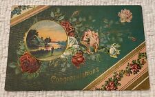Congratulations Vintage Postcard River Scene Red Roses Germany picture