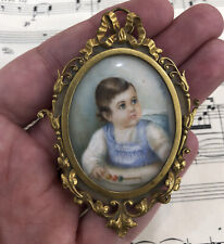 Antique French Hand Painted Miniature Baby Girl Signed Bronze Frame c1920 picture