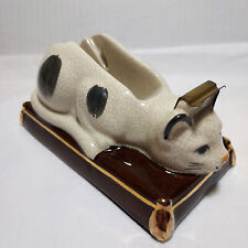 Vintage Takahashi Japan Ceramic Cat Desktop Tape Dispenser Gray-White Brown Base picture
