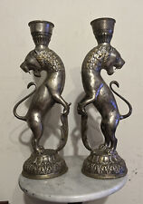Antique RARE 17” 2 LION Silverplate Heavy Candle Stick Holders Early Mid Century picture