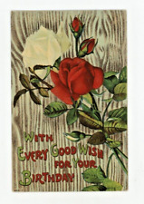 Vintage Birthday Postcard BIRTHDAY GOOD WISH WHITE  & RED ROSE  UNPOSTED GEL picture