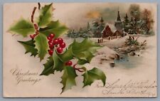 1904 Antique Christmas Postcard Winter Scene Church Mistletoe to Washington KS picture