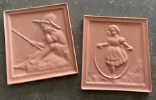 x2 Vintage Ceramic Art Tiles Signed Pink Little Boy Fishing Girl Jumping Rope picture