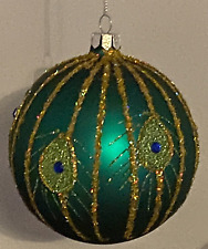 Large Peacock Christmas Glass Ornament TEAL 3.75” Glitter  Gisela Graham Bauble? picture