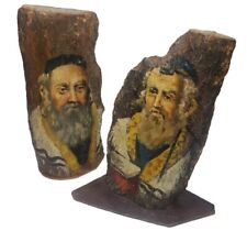 Vintage Oil Painting On Rustic Wood Chunks Jewish Rabbis On Wooden Base Stand picture