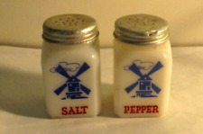Vintage Hazel Atlas Blue Dutch Windmill Milk Glass Salt Pepper Shakers picture