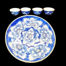 Vintage 4 Small Chinese Tea Cups & 1 Platter Set Cobalt Blue Gold Porcelain picture