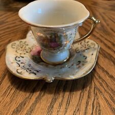 Courting colonial couple demitasse/espresso cup & leaf Shaped saucer. Japanese picture