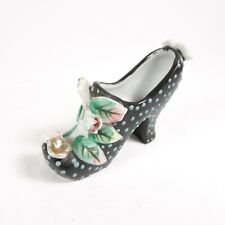 Black Shoe Small Planter Vintage Polka Dot Japan Hand Painted Ceramic Flowers picture