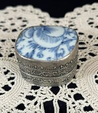 Vintage Antique Chinese Silver & Porcelain Blue & White Inset Small Trinket Box picture