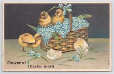 Linen~Flower Of Easter Morn~Chicks In Basket Of Forget Me Nots~Cracked Eggs~Vtg picture