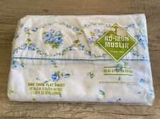 Vintage New Old Stock Twin Flat Sheet Muslin Blue Rose Flower picture