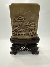 Vintage Chinese Carved Soapstone Sculpture Landscape Plaque Plate w/Stand picture