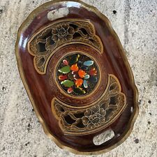 Vtg Mexican Folk Art Batea Wooden Tray Oval Bowl Hand Painted Boho 15”X 10