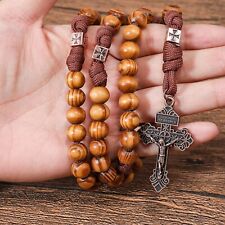 St. Michael Wooden Beads Paracord Rosary Necklace Pardon Jesus Crucifix picture