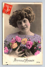 c1907 RPPC Young French Girl Grandiflora Roses Bonne Annee Hand Colored Postcard picture
