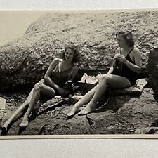 Vintage B&W Snapshot Photograph Beautiful Young Women Having Picnic Long Legs picture