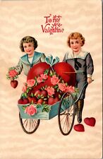 Valentine's Day PC Two Sailor Dressed Boys Pushing Cart of Hearts and Roses picture
