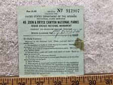 1952 45 Zion Bryce Canyon National Parks Cedar Breaks National Vehicle Permit UT picture
