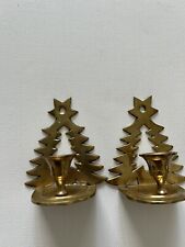 Set Of 2 Vintage Solid Brass Christmas Tree Candle Holders  4” Tall picture