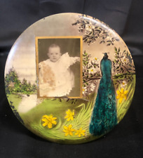 Antique Image of Baby Photo in Tin Floral & Peacock Plaque, Wall or Tabletop picture