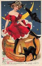 1911 WINSCH Halloween Postcard SCHMUCKER BEAUTIFUL WITCH JOL CAT picture