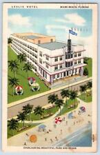 1946 LESLIE HOTEL MIAMI BEACH FLORIDA FL ART DECO OCEANFRONT LINEN POSTCARD picture