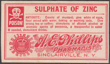 A E Phillips Pharmacist Sinclairville NY Sulphate of Zinc Poison label 1880s picture