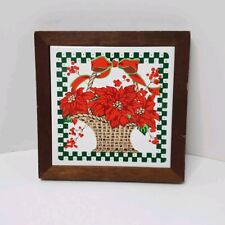 Vintage Jasco Red Poinsettia Basket Wood Framed Tile Trivet With Wall Hanging picture