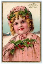 1910 Happy New Year Little Girl Holly Berries Gel Gold Gilt Antique Postcard picture