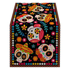 Day of The Dead Table Decorations Halloween Floral Sugar Skull Cloth Runner picture