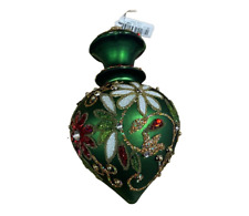New Neiman Marcus ornament Drop W/ Floral Pattern 4.75 green white red glitter picture