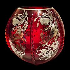 Vtg Silver Overlay Ruby Red Rose Bowl Vase Fruit Vegetable Vines Art Nouveau 8