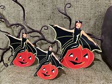 U Pick Vintage Inspired Deco Bat Witch on Pumpkin Halloween Cardstock Decoration picture