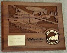Vintage US Navy VAW-112 Golden Hawks Squadron Brass on Laser-Etched Wood Plaque picture