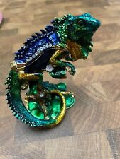 Gold, Turquoise Iguana Hand Painted Bejeweled Hinged Trinket Jewelry Box picture