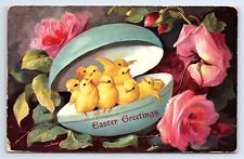 Postcard Easter Greetings Chicks In Egg Pink Roses c.1907 picture