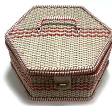 Vintage Sewing Basket w Stuff; Red & White Wicker; Hinged Lid & Handle picture