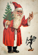 Chubby Santa Holds Tiny Tree Chimney Sweep Doll Deckled Edge Christmas Postcard picture