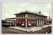 c1907~Evansville Indiana IN~E&TH Railroad Depot~Terre Haute~Train~RR Postcard picture