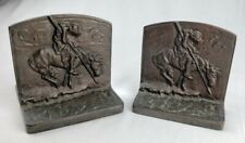 Vintage Native American Indian Warrior w/ Spear on Horse Old Metal Bookends Pair picture