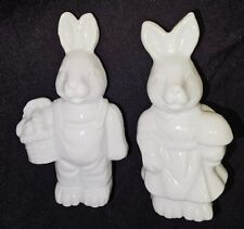 Pair White Ceramic Bunny Rabbit Girl &Boy w/basket Figurines approx 3.25