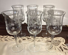 ETCHED FLORAL VINTAGE WINE WATER GOBLETS TWISTED STEMS 11 OZ 8.5” TALL LOT OF 6  picture