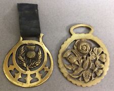 Two antique English horse brasses/medallions: thistle, rose, and shamrock picture