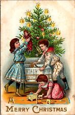 Christmas Postcard Children Playing with Toys, Dolls, Candlelit Tree picture