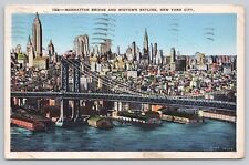 New York NY NYC Manhattan Bridge Midtown Skyline Vintage Postcard Birdseye View picture