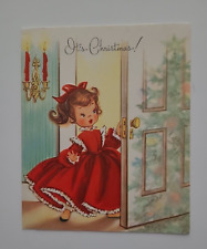 Vtg 1950s IT'S CHRISTMAS GIRL in Pretty Red DRESS at the Door Embossed CARD picture