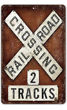 Railroad Crossing Two 2 Train Tracks Sign Tin Vintage Look Garage Bar Decor picture